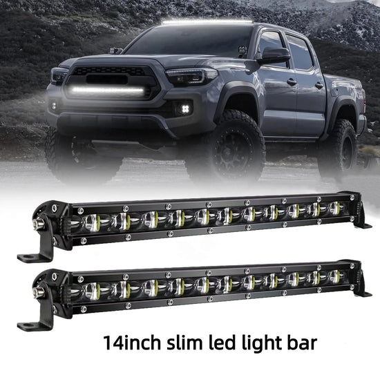 Led Light Bar 14 inch Slim Single Row Driving Light, Off Road Work Lights with Mounting Brackets & 6D Reflectors for Truck, Car